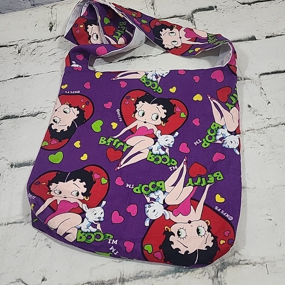 Handmade Betty Boop Crossbody Tote Bag Small Purple Print With Hearts